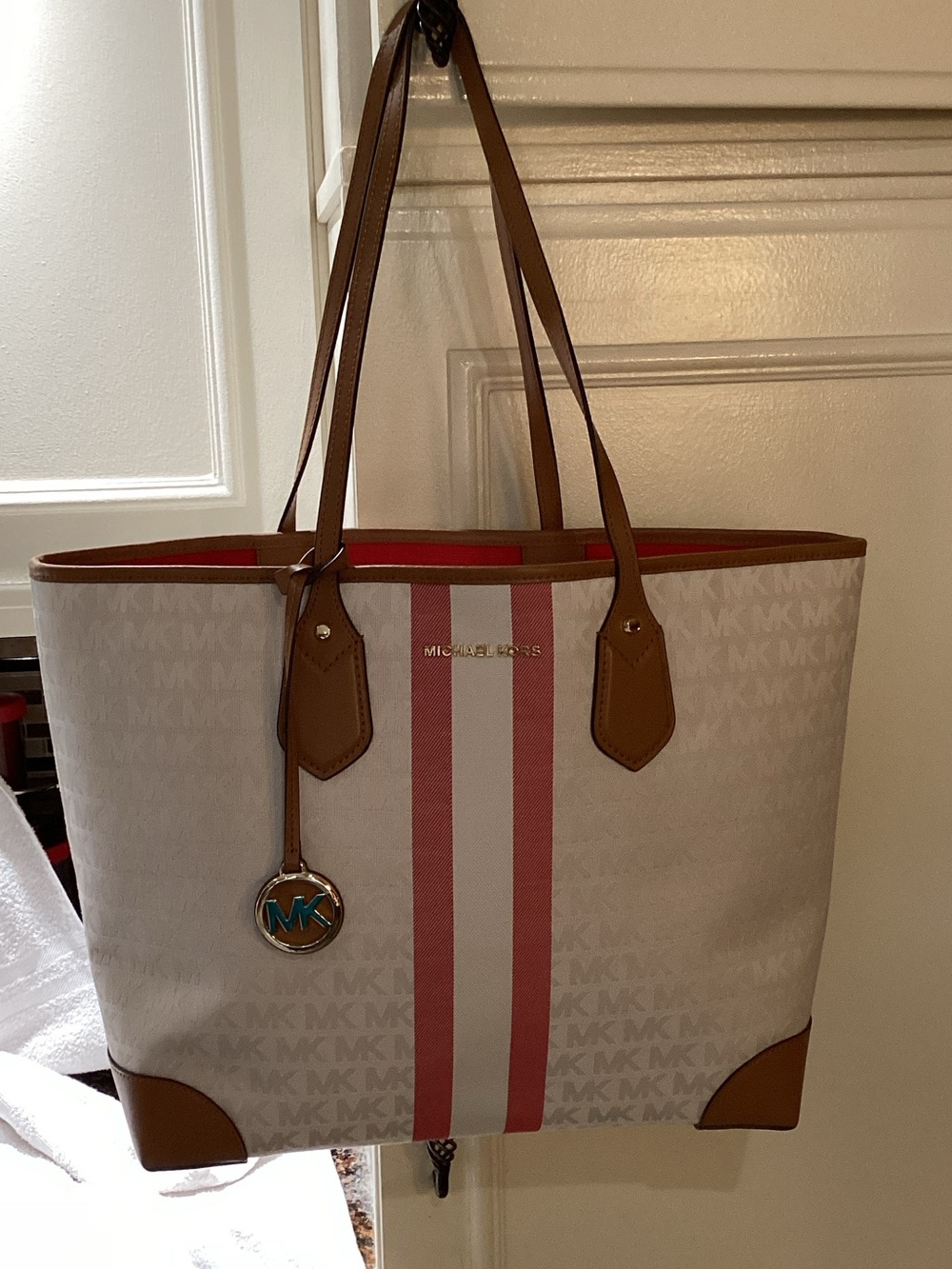 Michael Kors Beige Tote with Pink Center Stripes and Brown Trim